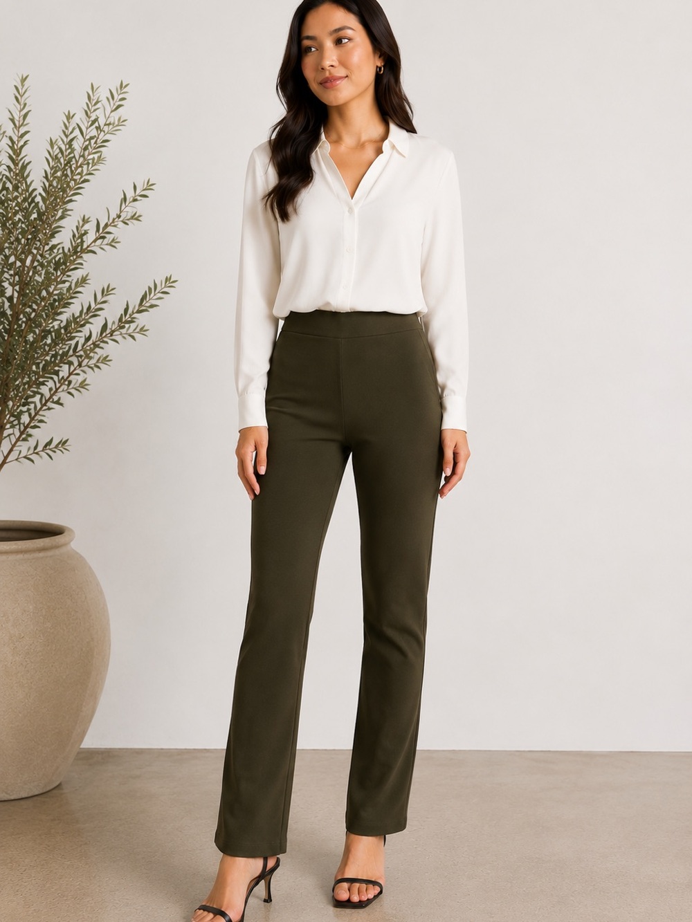 High-Rise Straight Leg Ponte Knit Pants in Olive Green